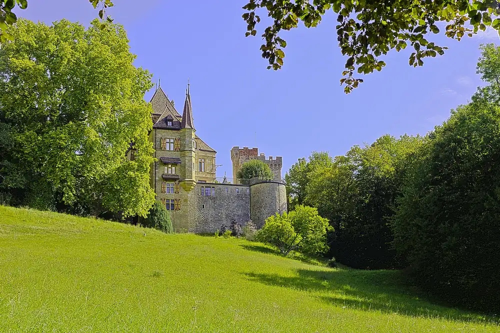 Le château de Gorgier derrière les arbres